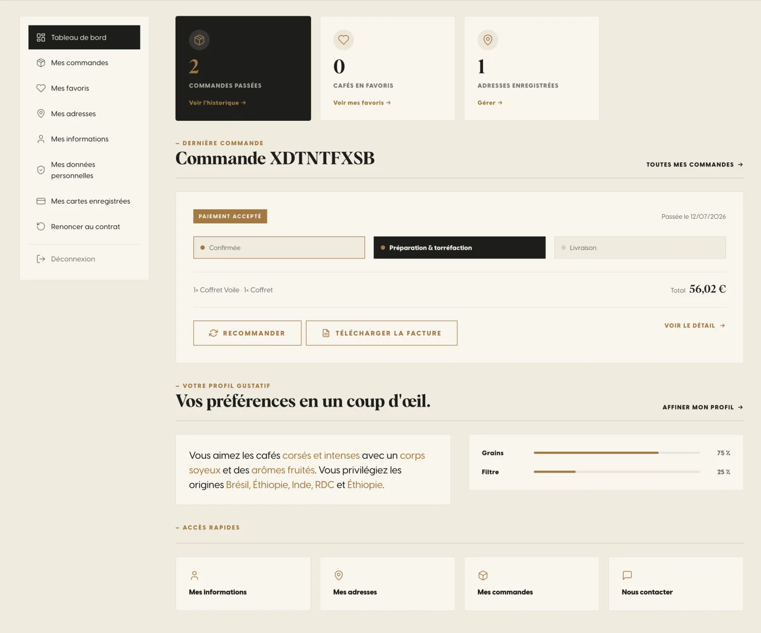 Espace client du site Maison Albert : tableau de bord, suivi de commande et profil de goût