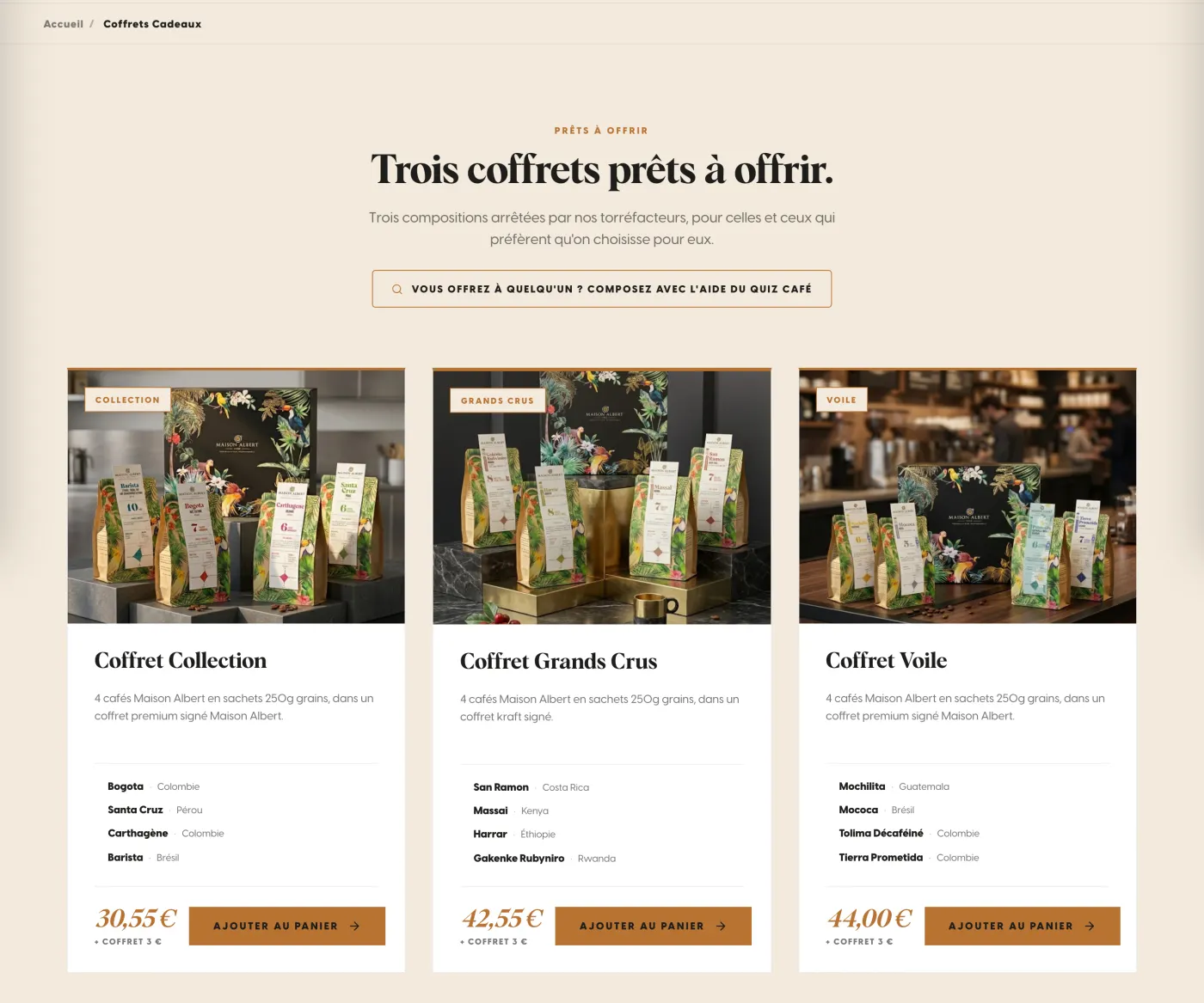 Trois coffrets cadeaux Maison Albert prêts à offrir