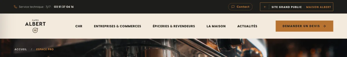 En-tête de l'Espace Pro Cafés Albert : service technique, métiers, demander un devis