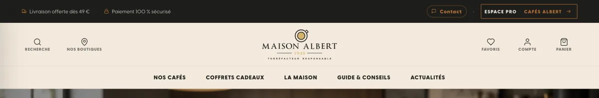 En-tête du site grand public Maison Albert : crème, recherche, favoris, panier