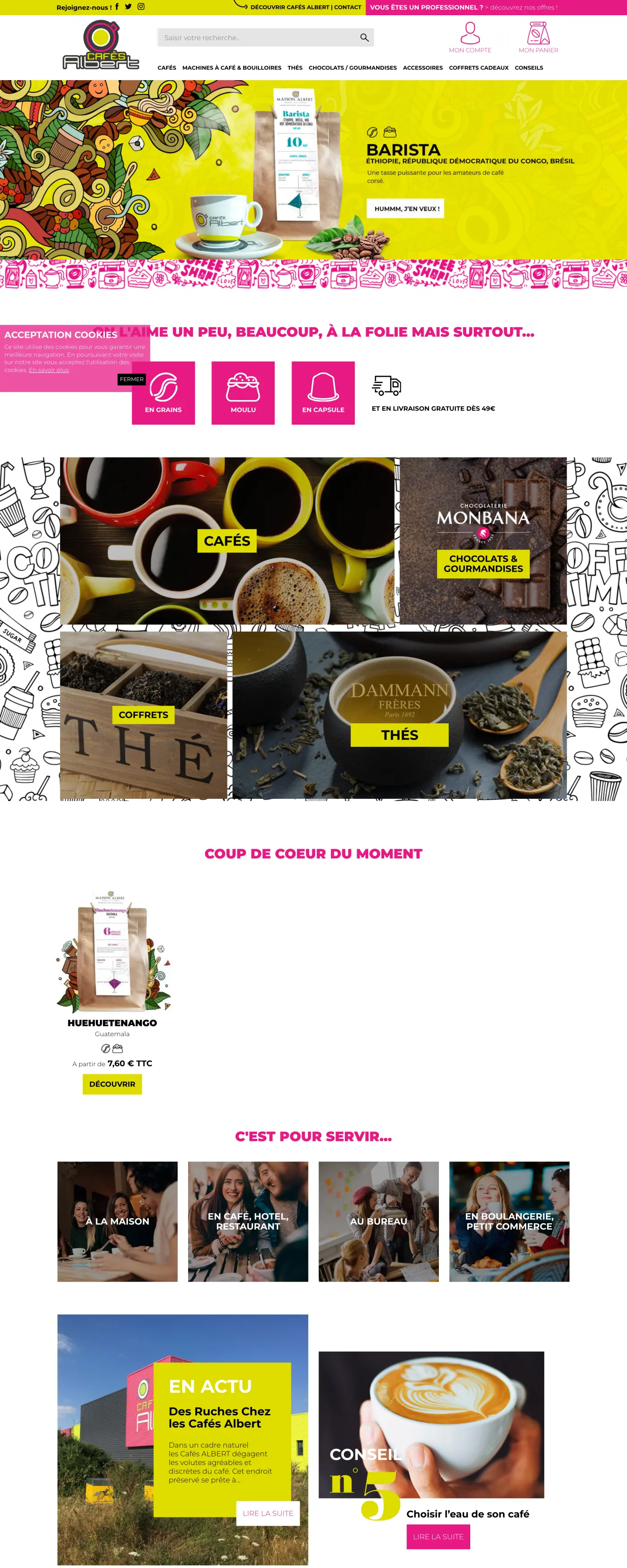 Ancien site des Cafés Albert : design chargé jaune et magenta, offre fourre-tout