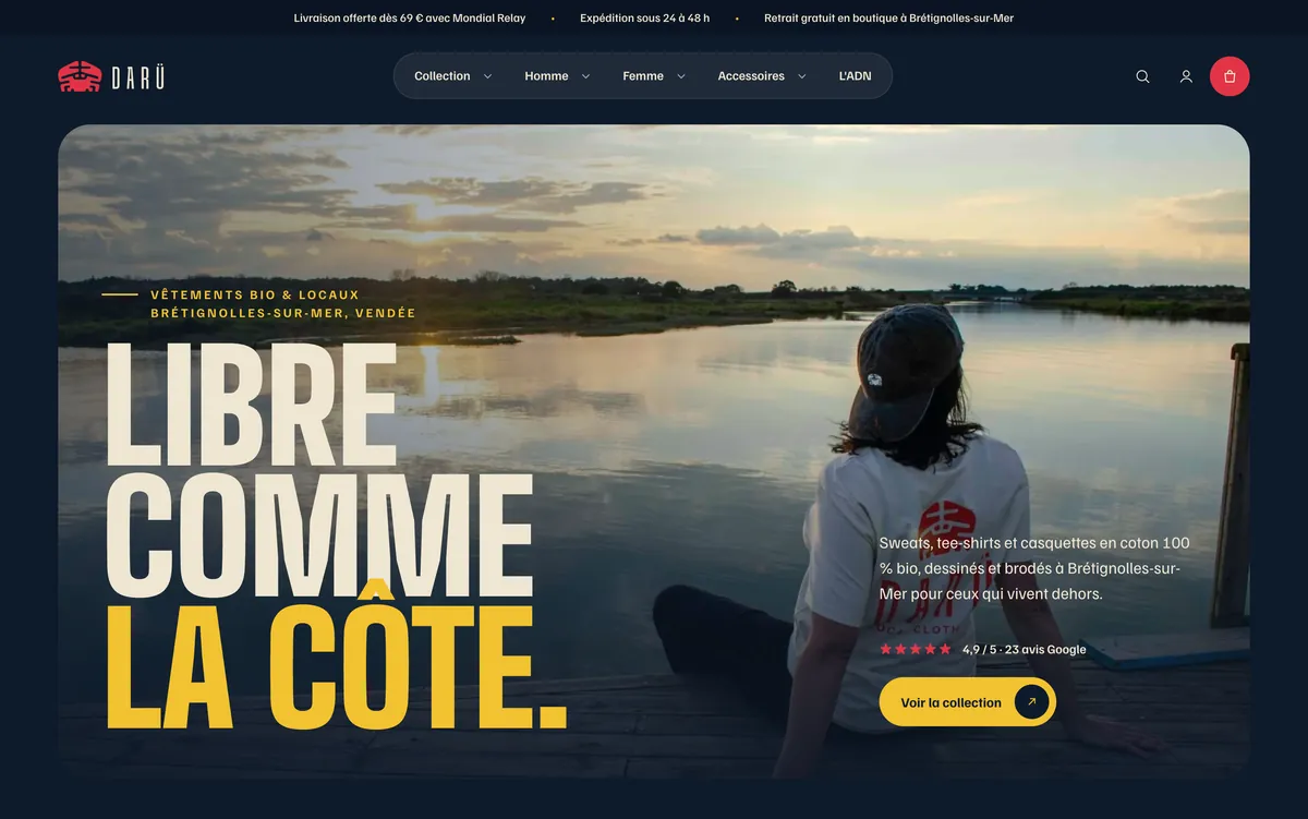 Le site de Darü aujourd'hui : la même photo en grand, sous le titre « Libre comme la côte. » en capitales crème et jaunes, sur fond bleu nuit.
