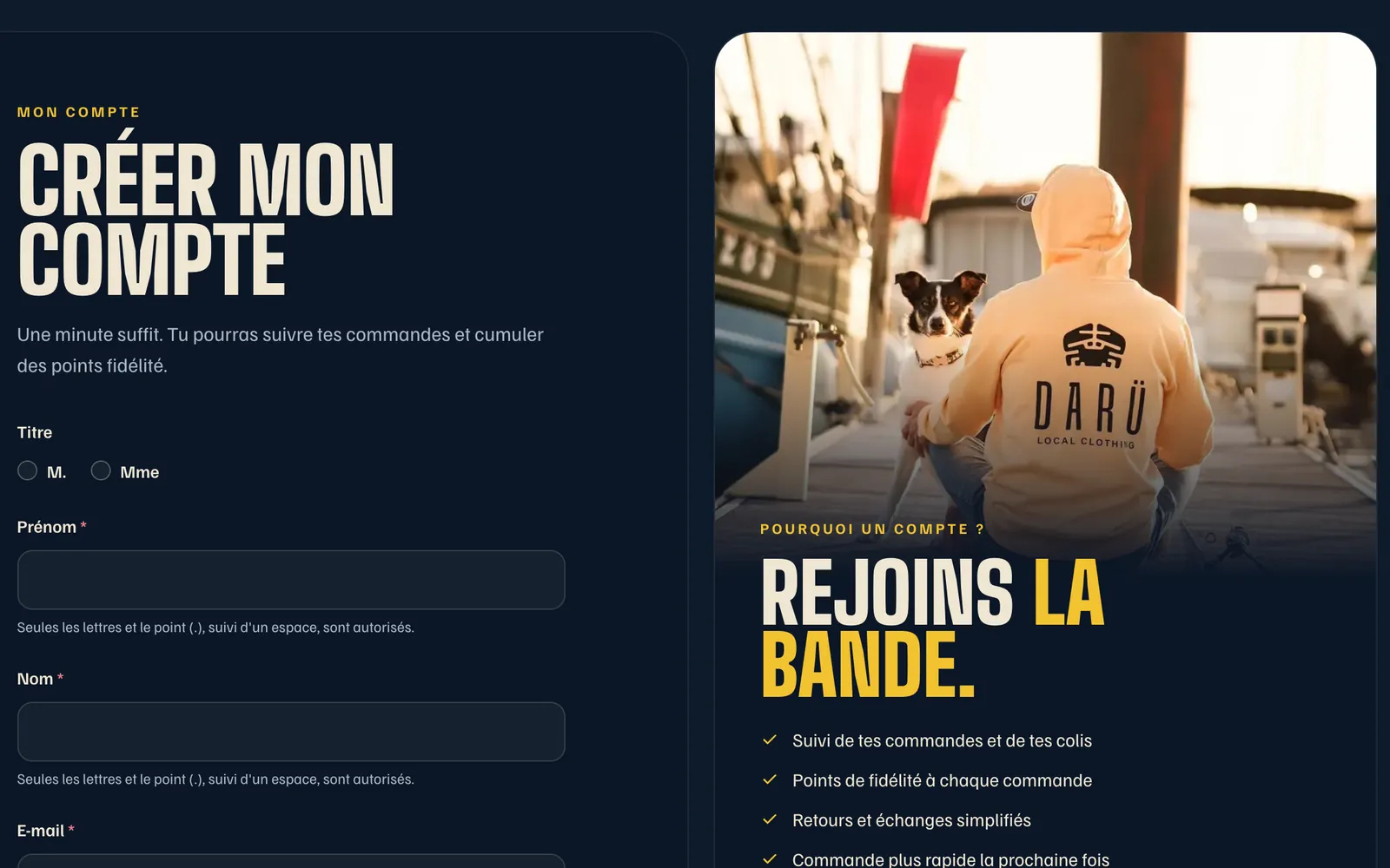 La création de compte du site Darü : le formulaire, et « Rejoins la bande. » sur la photo d'un sweat Darü face au port.