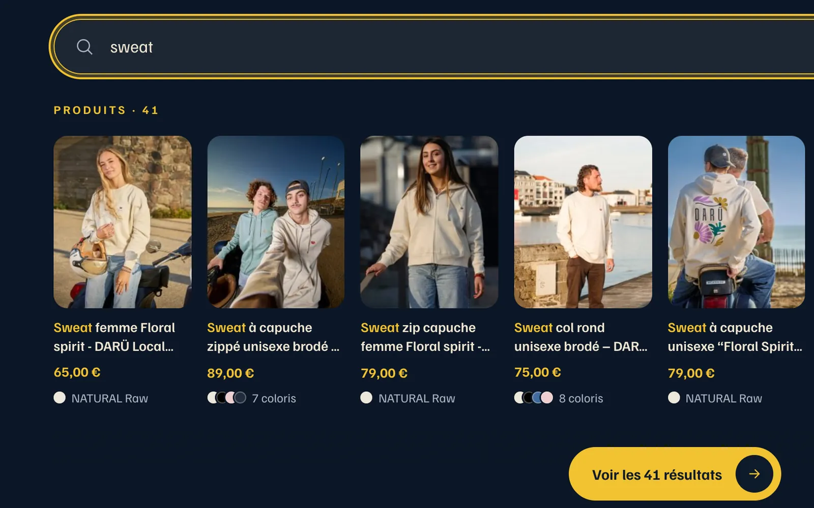 La recherche du site Darü : « sweat » tapé, les premiers des 40 produits trouvés, avec leurs prix et leurs coloris.