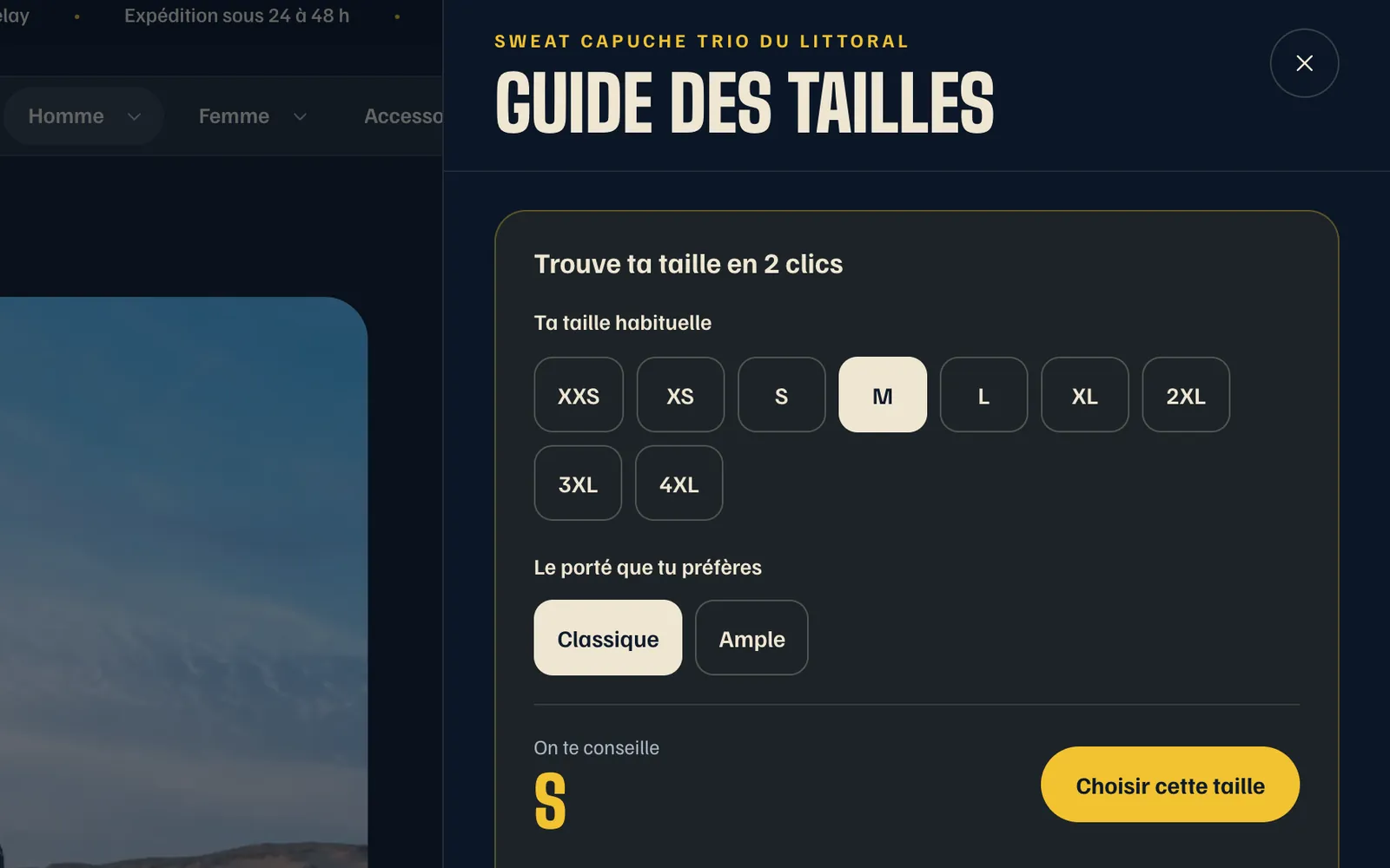 Le guide des tailles d'un sweat Darü : taille habituelle M, porté classique, la taille S conseillée.