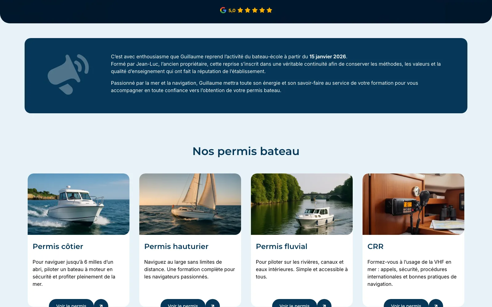 Le bloc annonçant la reprise du bateau-école par Guillaume, formé par Jean-Luc, sur le nouveau site