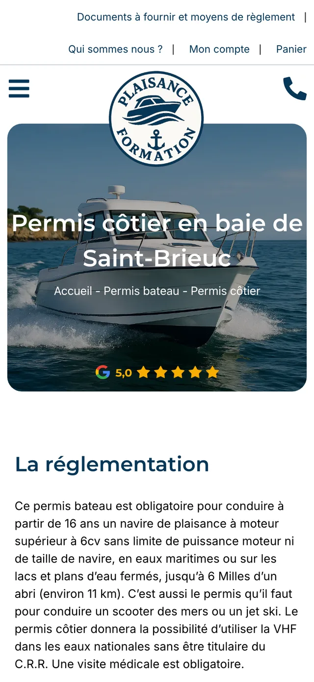 La page du permis côtier sur iPhone : réglementation, formation et examen