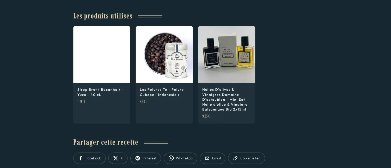 Bloc « Les produits utilisés » sous une recette : liens vers les fiches produits de la boutique
