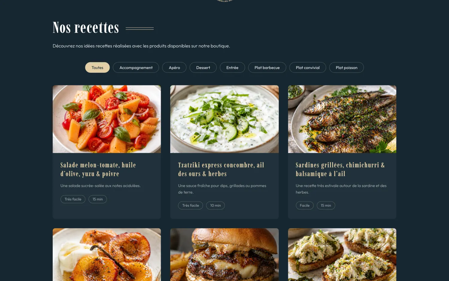 Section recettes du Site des Saveurs, réalisées avec les produits de la boutique