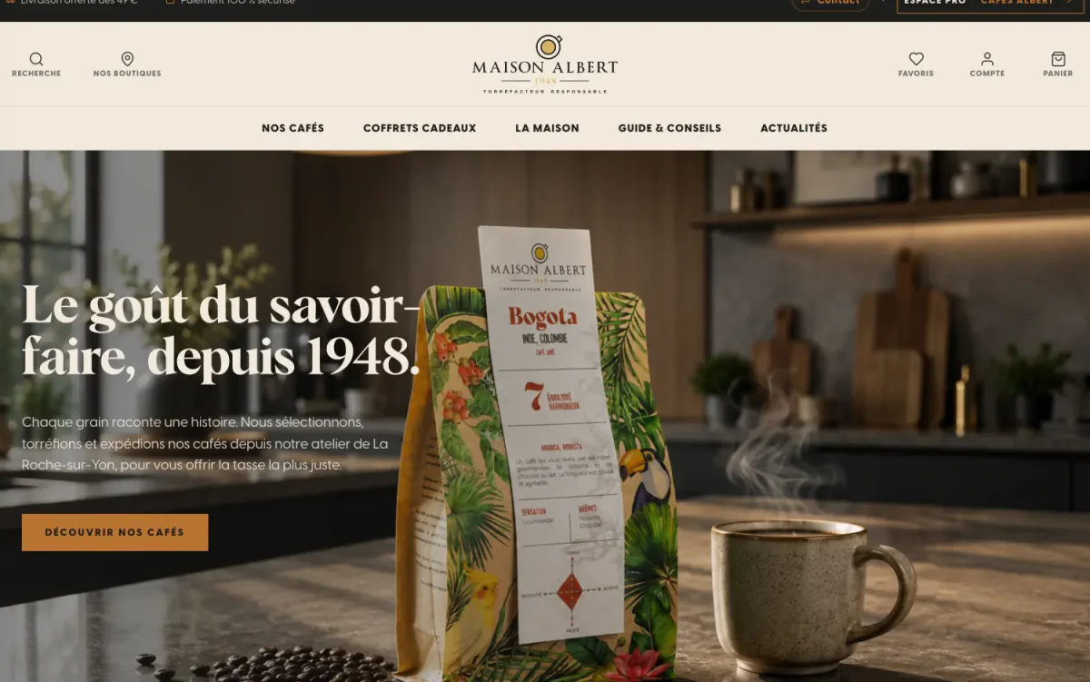 La boutique Maison Albert après la refonte : accueil sombre, photographie d'une tasse de café.