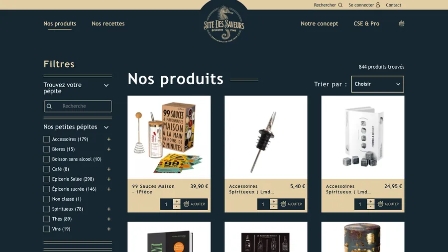 La boutique Site des Saveurs sur un ordinateur portable et un téléphone : le catalogue et ses filtres, et une fiche produit avec son prix.