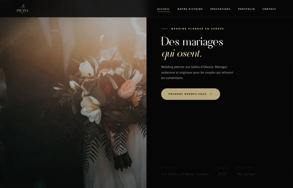 Site de Swana Events, wedding planner aux Sables-d'Olonne, réalisé par Akyana
