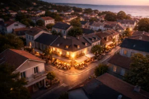 Vue aérienne d’un commerce mis en valeur dans une ville, illustrant l’impact d’une fiche Google Business Profile optimisée sur la visibilité locale